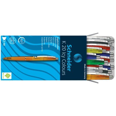 SCHNEIDER Golyóstoll, 0,5 mm, nyomógombos, vegyes színű test, SCHNEIDER "K20 Icy", kék