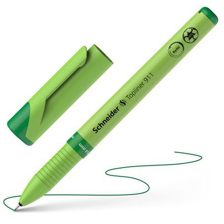SCHNEIDER Tűfilc, 0,4 mm, cserélhető betétes, újrahasznosított tolltest, SCHNEIDER "Topliner 911", zöld
