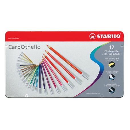 STABILO Pasztell ceruza készlet, kerek, fém doboz, STABILO "CarbOthello", 12 különböző szín