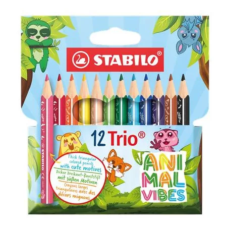STABILO Színes ceruza készlet, háromszögletű, vastag, STABILO "Trio Thick Short Animal Vibes", 12 különböző szín
