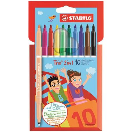 STABILO Filctoll készlet, 0,5-2 mm, kétvégű, STABILO "Trio 2 in 1", 10 különböző szín
