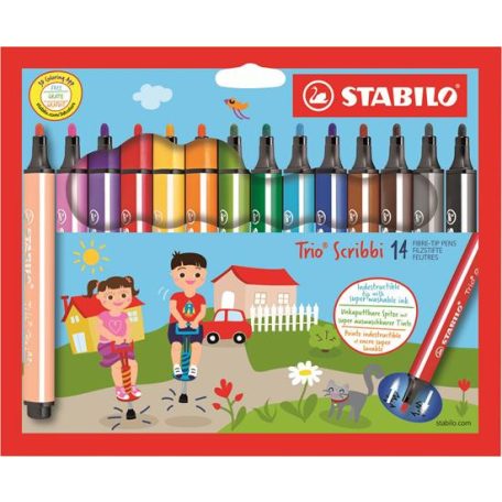 STABILO Filctoll készlet, 1,5-2 mm, rugós hegy, STABILO "Trio Scribbi", 14 különböző szín