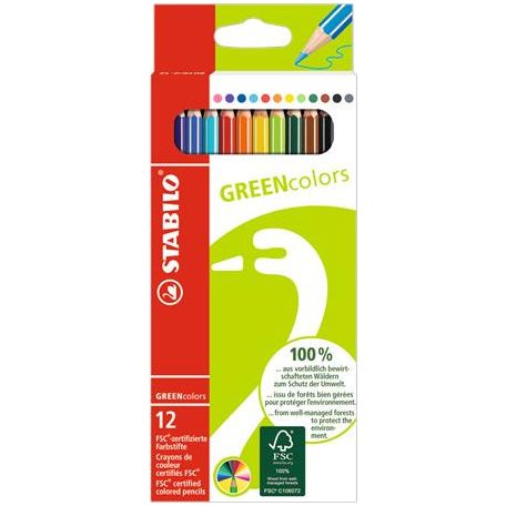 STABILO Színes ceruza készlet, hatszögletű, STABILO "GreenColors", 12 különböző szín