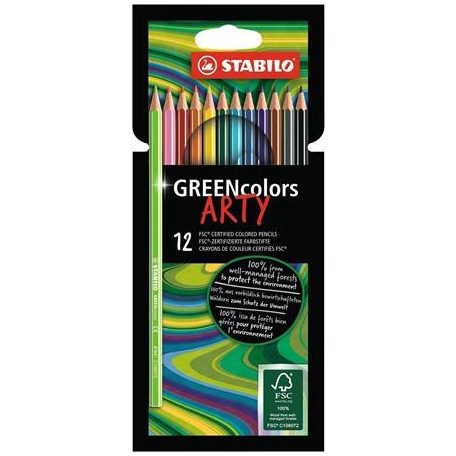 STABILO Színes ceruza készlet, hatszögletű, STABILO "GreenColors ARTY", 12 különböző szín