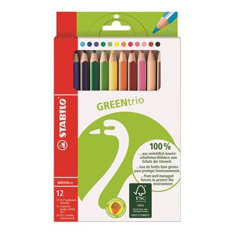 STABILO Színes ceruza készlet, háromszögletű, vastag, STABILO "GreenTrio", 12 különböző szín