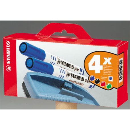 STABILO Táblamarker készlet, 2,5-3,5 mm, kúpos, szivaccsal, STABILO "Plan", 4 különböző szín
