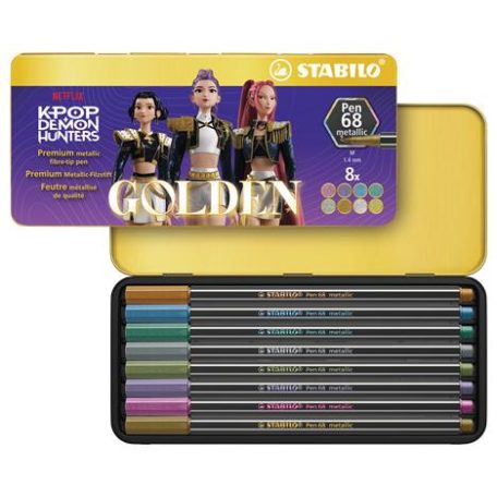 STABILO Filctoll készlet, metál, fémdobozos, 1 mm, STABILO "Pen 68 Metallic" K-Pop démonvadászok", 8 különböző metál szín