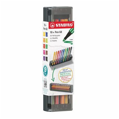STABILO Filctoll készlet, 1 mm, STABILO "Pen 68", 10 db-os asztali készlet