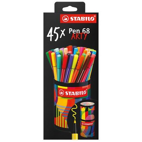 STABILO Filctoll készlet, hengeres fém doboz, 1 mm, STABILO "Pen 68 ARTY", 45 különböző szín