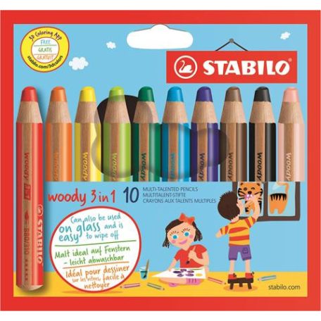 STABILO Színes ceruza készlet, kerek, vastag, STABILO "Woody 3 in 1", 10 különböző szín