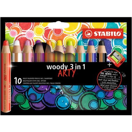 STABILO Színes ceruza készlet, kerek, vastag, STABILO "Woody ARTY 3 in 1", 10 különböző szín