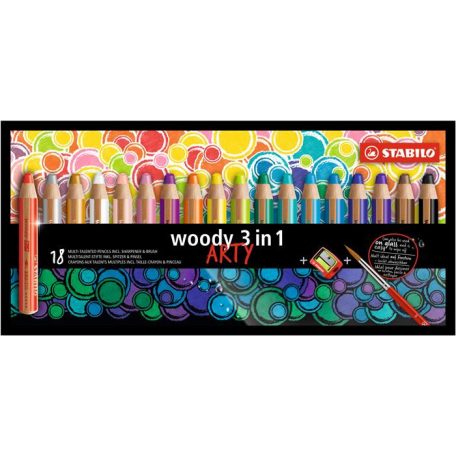 STABILO Színes ceruza készlet, kerek, vastag, STABILO "Woody ARTY 3 in 1", 18 különböző szín