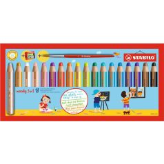   STABILO Színes ceruza készlet, kerek, vastag, STABILO "Woody 3 in 1", 18 különböző szín