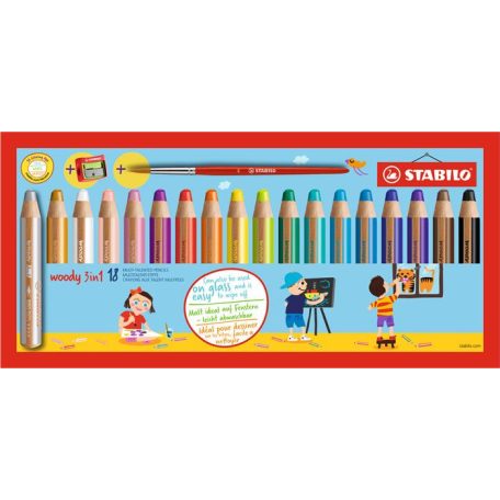STABILO Színes ceruza készlet, kerek, vastag, STABILO "Woody 3 in 1", 18 különböző szín