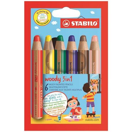 STABILO Színes ceruza készlet, kerek, vastag, STABILO "Woody 3 in 1", 6 különböző szín