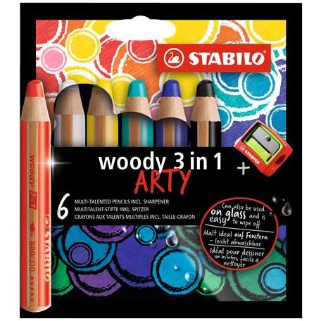STABILO Színes ceruza készlet, kerek, vastag, STABILO "Woody ARTY 3 in 1", 6 különböző szín