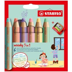   STABILO Színes ceruza készlet, kerek, vastag, STABILO "Woody 3 in 1 Pastel", 6 különböző pasztell szín