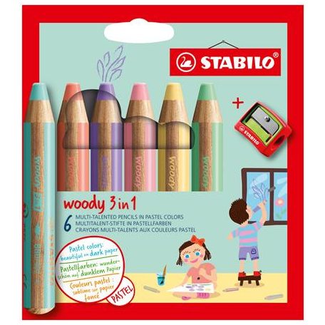 STABILO Színes ceruza készlet, kerek, vastag, STABILO "Woody 3 in 1 Pastel", 6 különböző pasztell szín