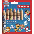 STABILO Színesceruza készlet, kerek, vastag, hegyezővel, STABILO "Woody 3 in 1", Mancs őrjárat, 6 különböző szín
