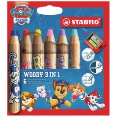   STABILO Színesceruza készlet, kerek, vastag, hegyezővel, STABILO "Woody 3 in 1", Mancs őrjárat, 6 különböző szín