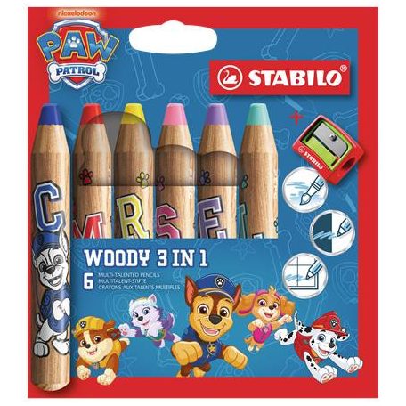 STABILO Színesceruza készlet, kerek, vastag, hegyezővel, STABILO "Woody 3 in 1", Mancs őrjárat, 6 különböző szín