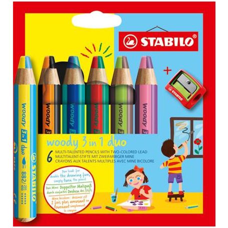 STABILO Színes ceruza készlet, STABILO "Woody 3 in 1 duo", 6 dupla vegyes szín