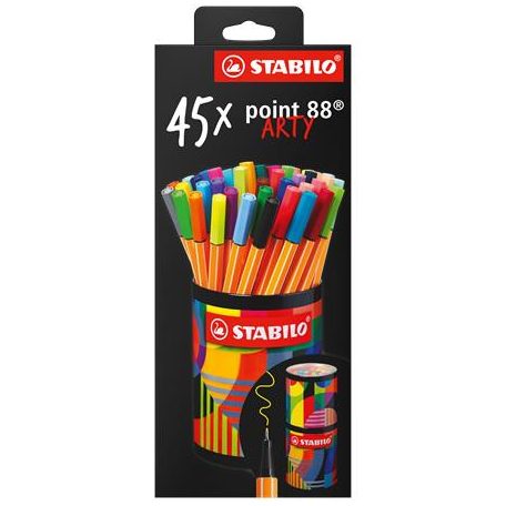 STABILO Tűfilc készlet, hengeres fém doboz, 0,4 mm, STABILO "point 88 ARTY", 45 különböző szín