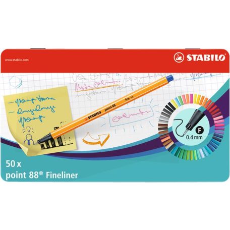 STABILO Tűfilc készlet, 0,4 mm, fém doboz, STABILO "Point 88", 47+3 különböző szín