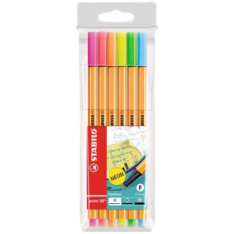STABILO Tűfilc készlet, 0,4 mm, STABILO "Point 88", 6 neon szín