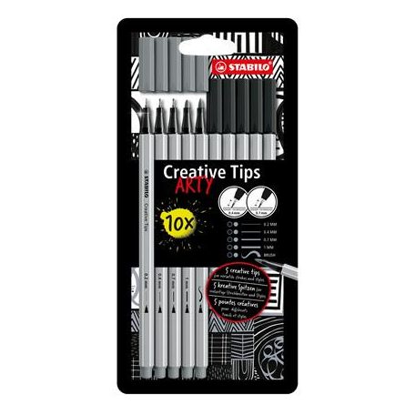 STABILO Tűfilc készlet, STABILO "Creative Tips ARTY", fekete, szürke, 5 különböző vastagság