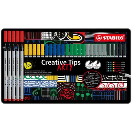 STABILO Tűfilc készlet, fém doboz, STABILO "Creative Tips ARTY", 6 különböző szín, 5 különböző vastagság