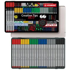   STABILO Tűfilc készlet, fém doboz, STABILO "Creative Tips ARTY", 6 különböző szín, 5 különböző vastagság