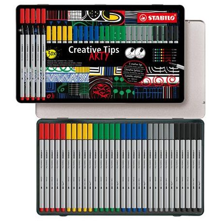 STABILO Tűfilc készlet, fém doboz, STABILO "Creative Tips ARTY", 6 különböző szín, 5 különböző vastagság