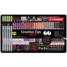 STABILO Tűfilc készlet, fém doboz, STABILO "Creative Tips ARTY", 6 különböző pasztell szín, 5 különböző vastagság