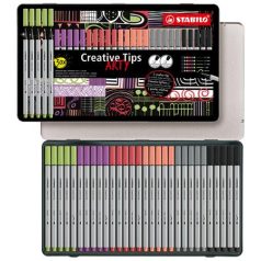   STABILO Tűfilc készlet, fém doboz, STABILO "Creative Tips ARTY", 6 különböző pasztell szín, 5 különböző vastagság