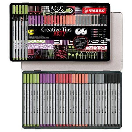 STABILO Tűfilc készlet, fém doboz, STABILO "Creative Tips ARTY", 6 különböző pasztell szín, 5 különböző vastagság