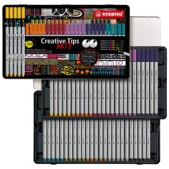   STABILO Tűfilc készlet, fém doboz, STABILO "Creative Tips ARTY", 10 különböző szín, 5 különböző vastagság