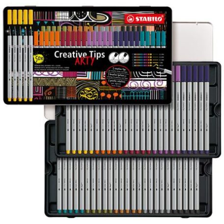 STABILO Tűfilc készlet, fém doboz, STABILO "Creative Tips ARTY", 10 különböző szín, 5 különböző vastagság