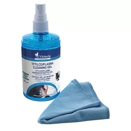 VICTORIA TECHNOLOGY Tisztítófolyadék, képernyőhöz, pumpás, kendővel, 200 ml, VICTORIA TECHNOLOGY