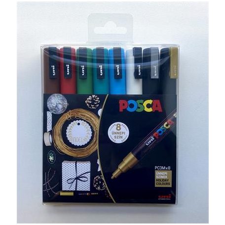 UNI Dekormarker készlet, 0,9-1,3 mm, UNI "Posca PC-3M Holiday", 8 különböző szín