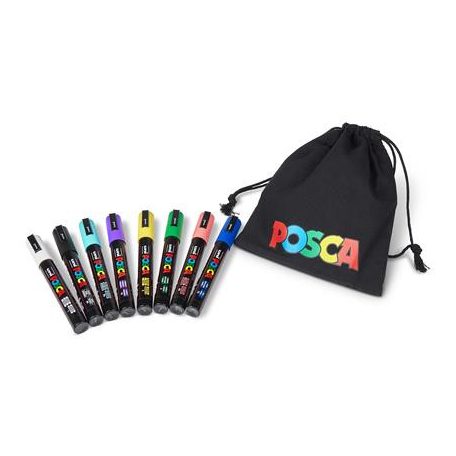 UNI Dekormarker készlet, 1,8-2,5 mm, UNI "Posca Pouch PC-5M", 8 különböző szín, tartóval