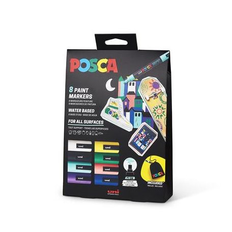 UNI Dekormarker készlet, 1,8-2,5 mm, UNI "Posca Pouch PC-5M", 8 különböző szín, tartóval
