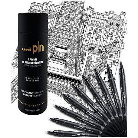 UNI Rajzmarker készlet, UNI PIN "Tube", 9 különböző vonalvastagság, fekete