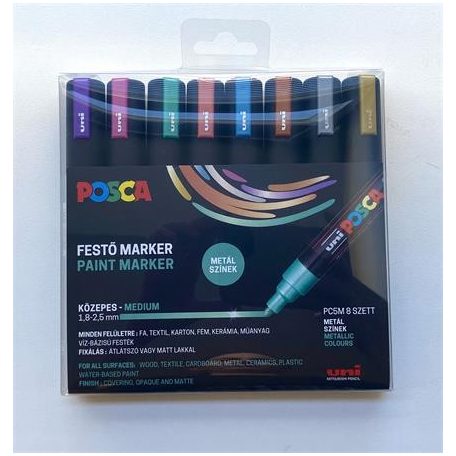 UNI Dekormarker készlet, 1,8-2,5 mm, UNI "Posca PC-5M", 8 különböző metál szín