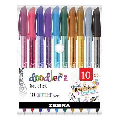 ZEBRA Zseléstoll készlet, 0,33 mm, kupakos, ZEBRA "Doodler'z Glitter", 10 csillogó vegyes szín