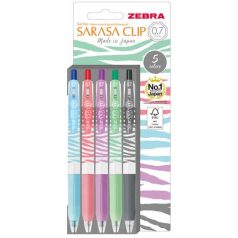   ZEBRA Zseléstoll készlet, 0,33 mm, nyomógombos, csíkos test, ZEBRA "Sarasa Clip Pastel", 5 különböző pasztell szín