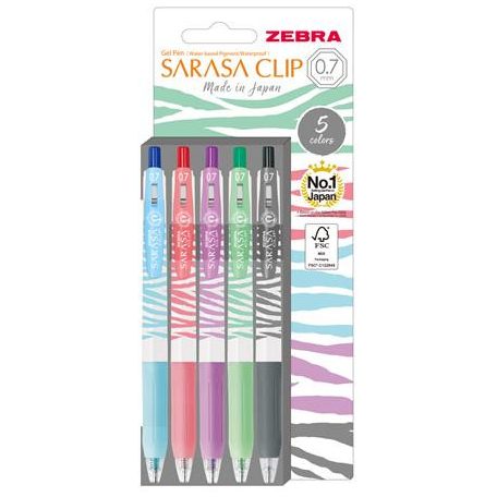 ZEBRA Zseléstoll készlet, 0,33 mm, nyomógombos, csíkos test, ZEBRA "Sarasa Clip Pastel", 5 különböző pasztell szín