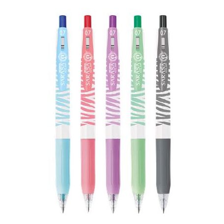 ZEBRA Zseléstoll készlet, 0,33 mm, nyomógombos, csíkos test, ZEBRA "Sarasa Clip Pastel", 5 különböző pasztell szín