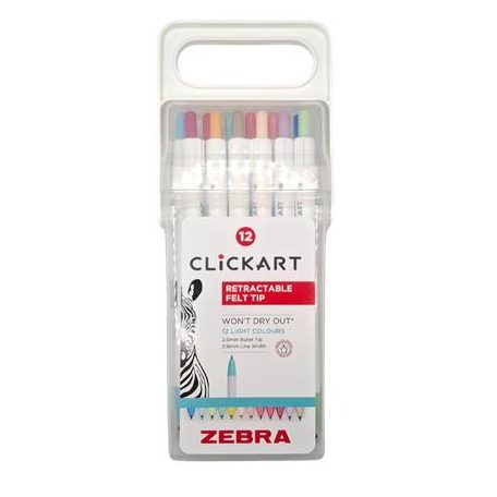ZEBRA Filctoll készlet, nyomógombos, 0,6 mm, ZEBRA "Clickart" 12 különböző pasztell szín