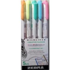   ZEBRA Szövegkiemelő készlet, 1,4/4,0 mm, kétvégű, ZEBRA "Mildliner Fluorescent", 5 szín